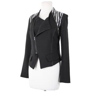 Poetry Sz L Black Silver Sequin Collared Pockets Lined 100% Polyester Jacket